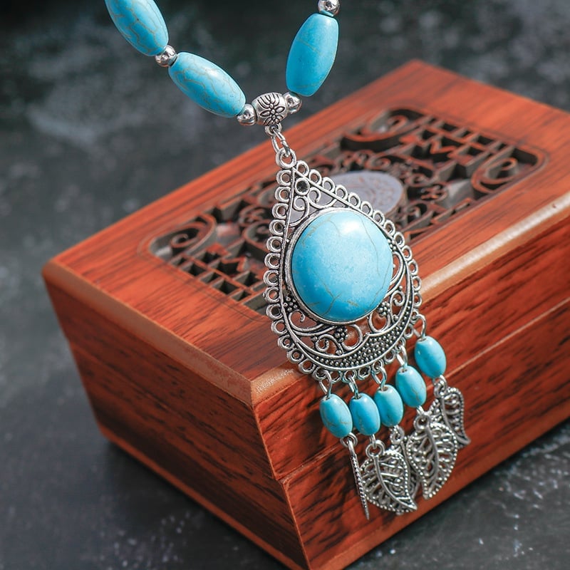 925 Turquoise Leaf Tassel Necklace
