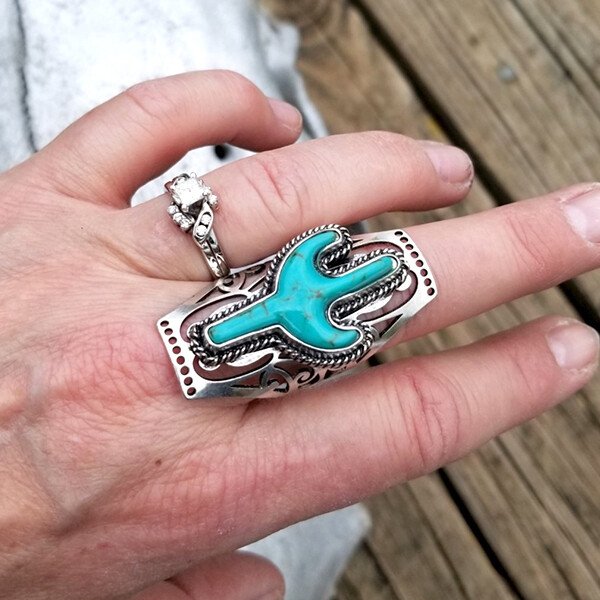 Western Country Turquoise Cactus Ring