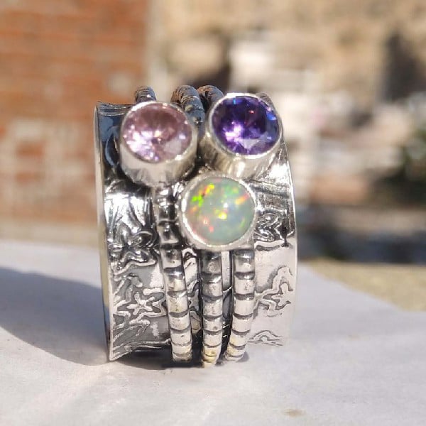 925 Sterling Silver Bohemian Gemstone Meditation Spinner Ring