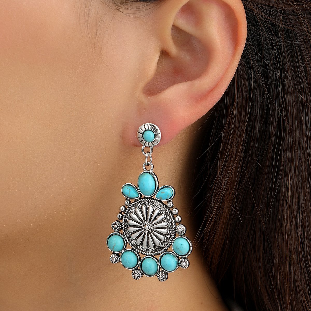 925  Turquoise Disc Carved Flower Earrings