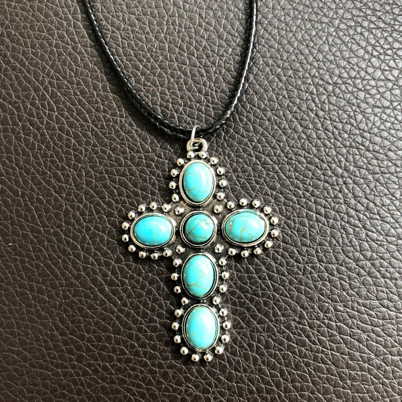 925 Turquoise Cross With Round Beads Necklace