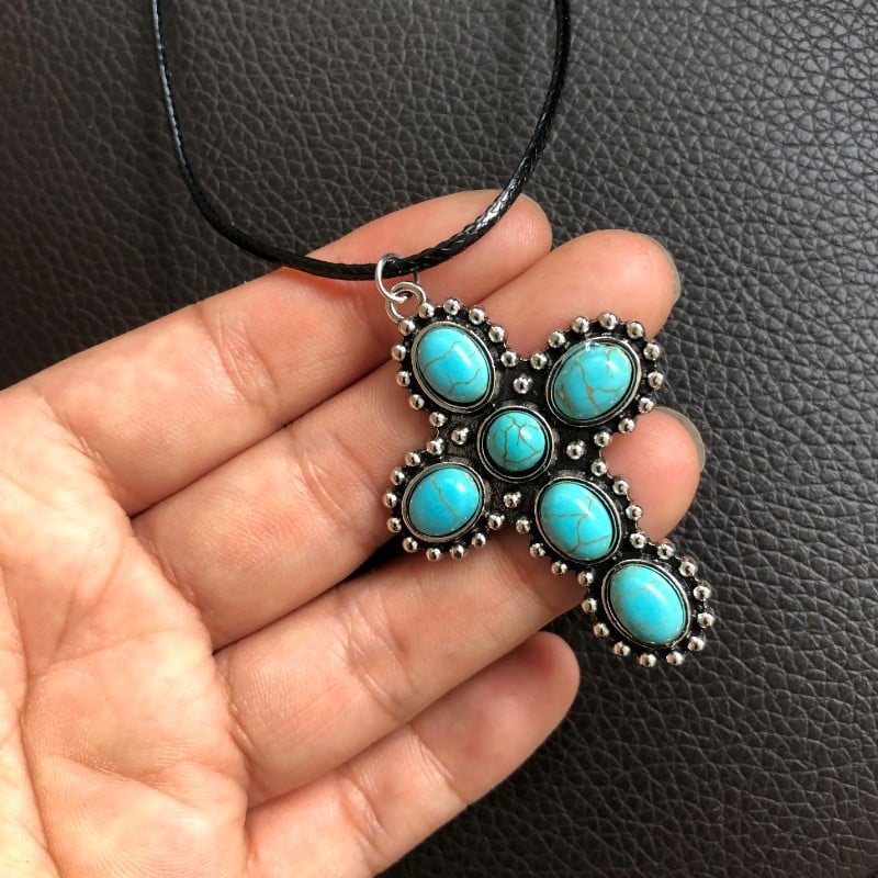 925 Turquoise Cross With Round Beads Necklace