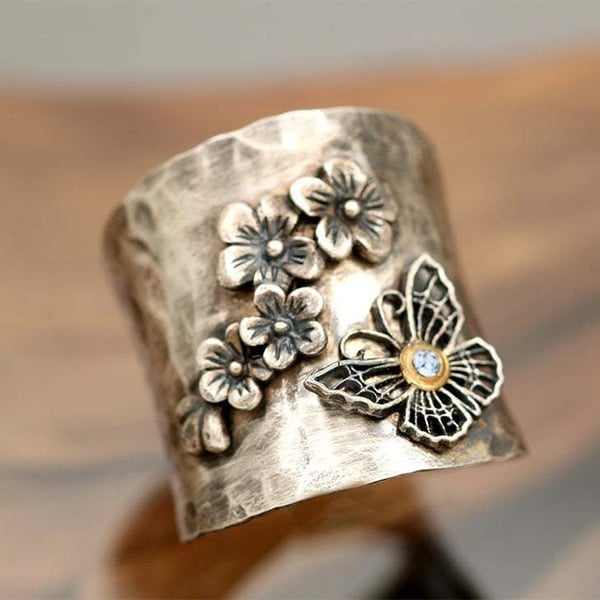 925 Bee Flower Butterfly Wide Band Ring