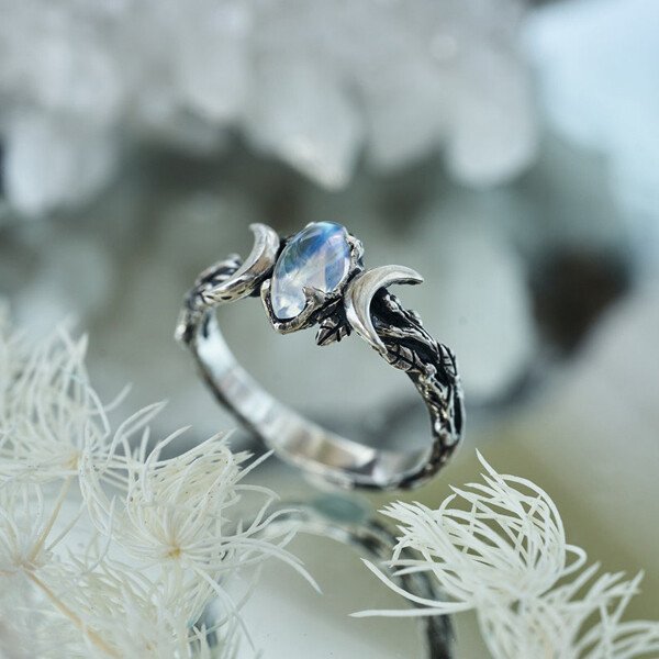 Sterling Silver Triple Moon Phase Moonstone Ring