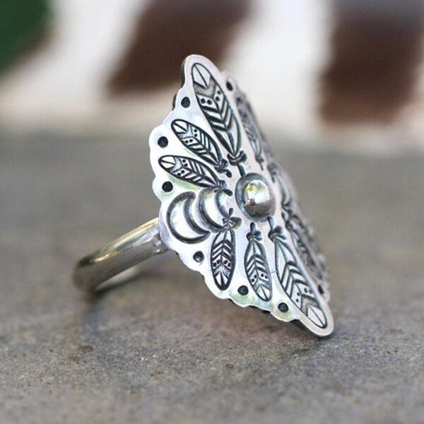 Silver Feather Moon Phase Ring