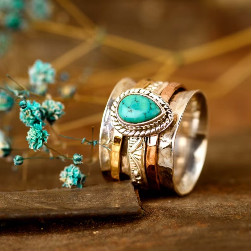 Boho Vintage Turquoise Tricolor Ring