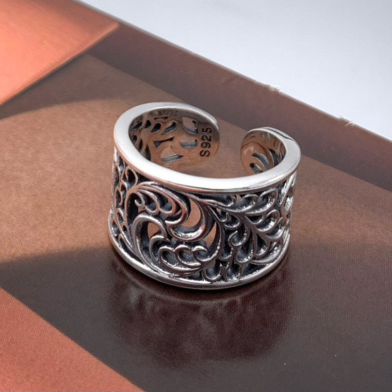 S925 Hemerocallis hollowcarved design Adjustable Ring