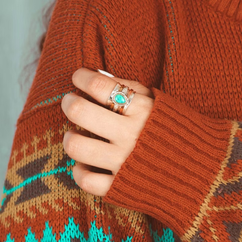 Boho Vintage Turquoise Tricolor Ring