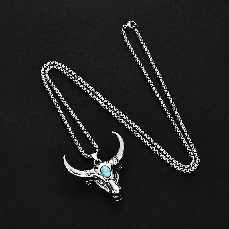 Personalized Retro Turquoise Bull Head Men'S Necklace
