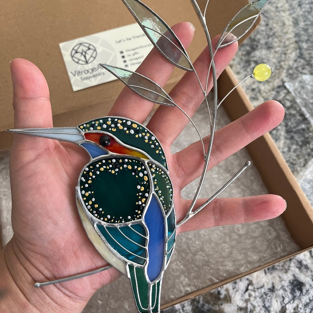 💕Handmade Stained Glass Kingfisher Hummingbird Suncatcher, Bird Window Hanging, Unique Home Decor, Gift for Mom