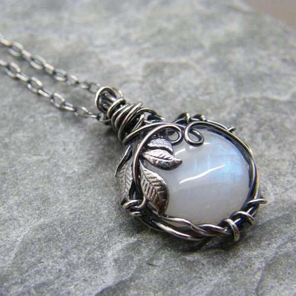 Blue Moonstone Silver Leaf Necklace