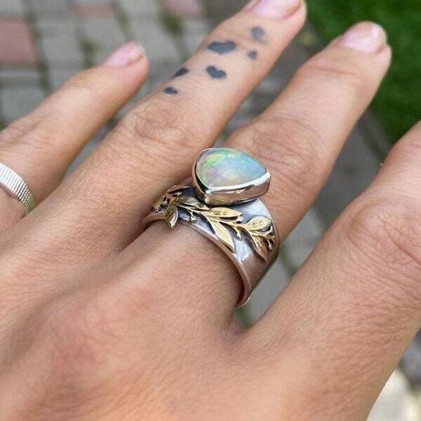 925 Leaf Geometric Opal Ring