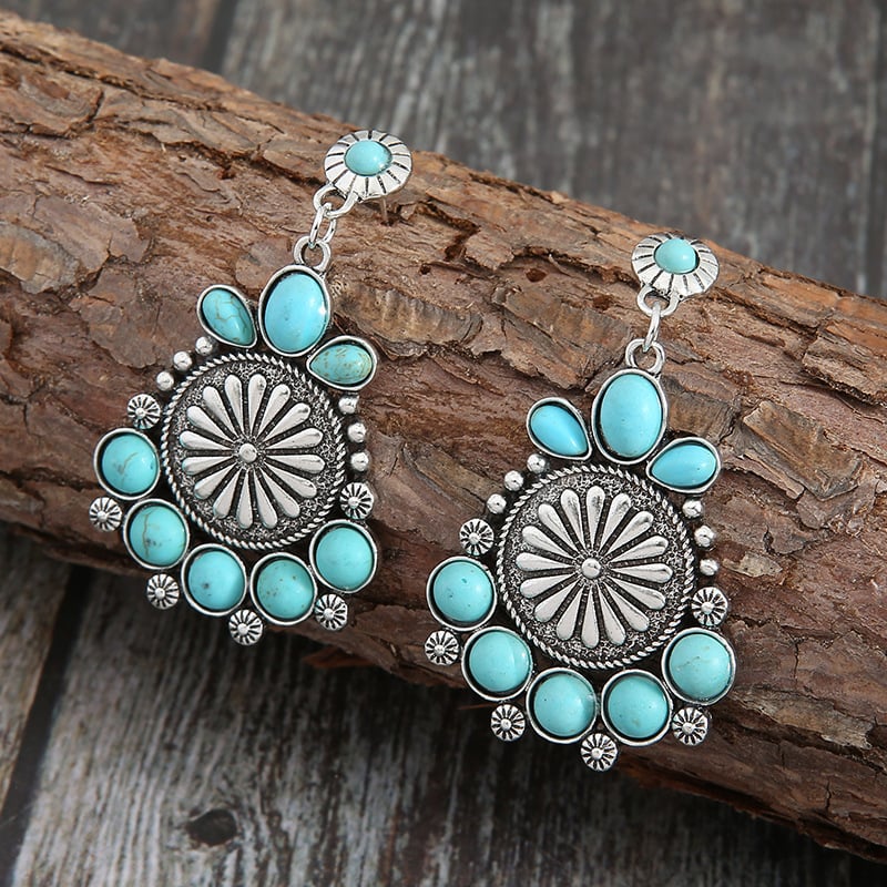 925  Turquoise Disc Carved Flower Earrings
