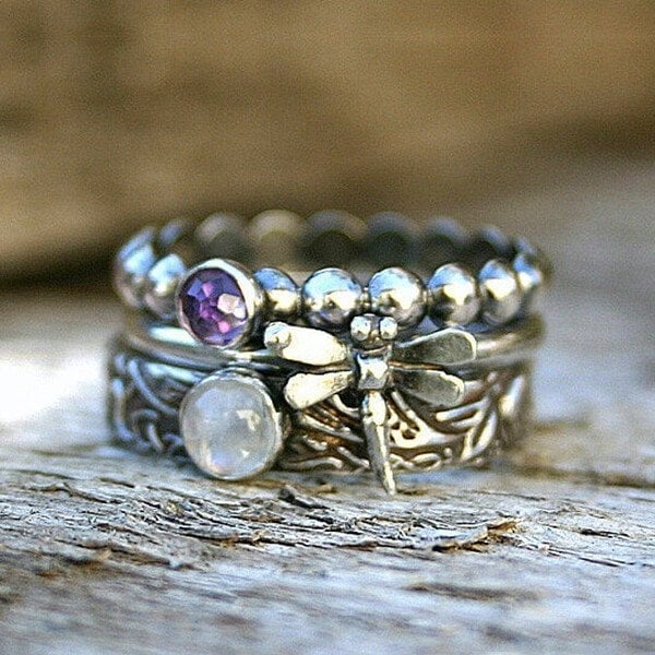 925 Dragonfly Inlaid Gemstone Threepiece Stacking Ring