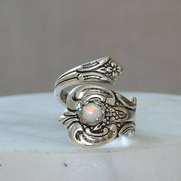 925 White Opal Spoon Adjustable Ring