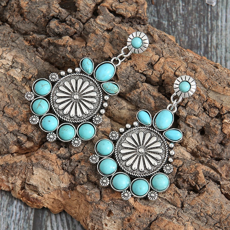 925  Turquoise Disc Carved Flower Earrings