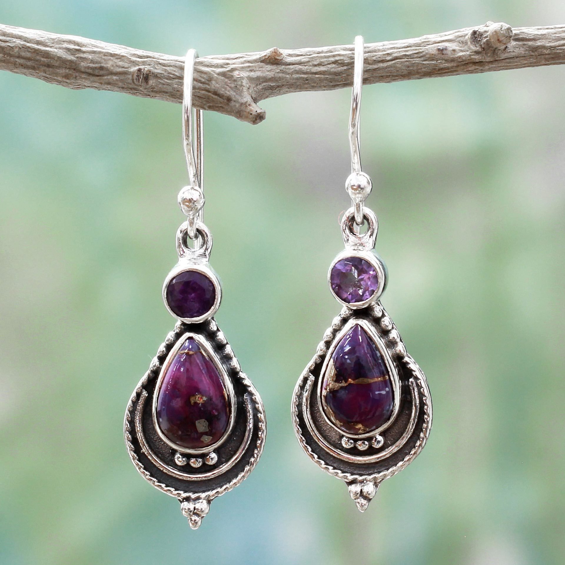 925  Water Drop Purple Turquoise Earrings