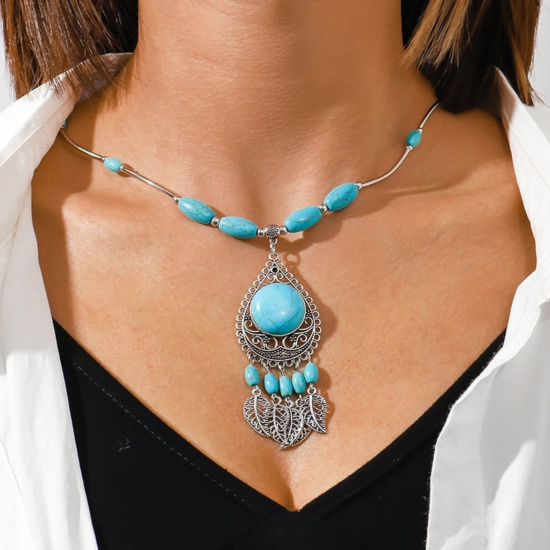 925 Turquoise Leaf Tassel Necklace