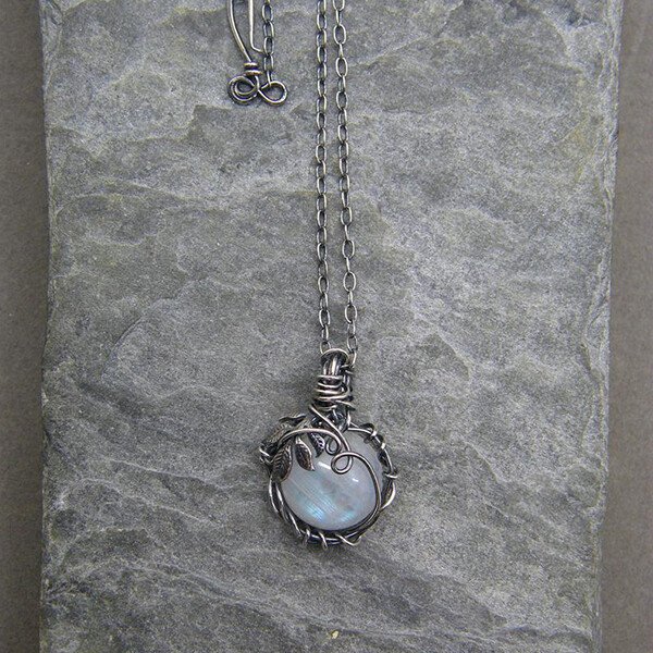 Blue Moonstone Silver Leaf Necklace