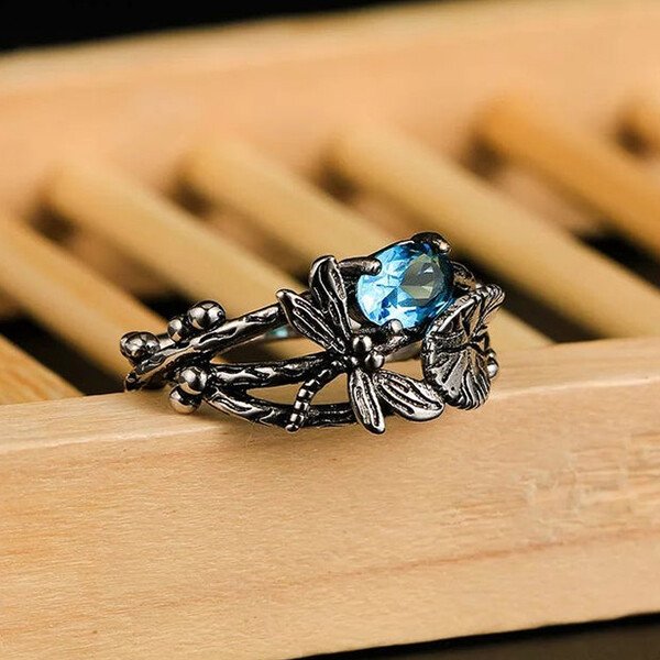 Vintage Dragonfly Blue Zircon Ring
