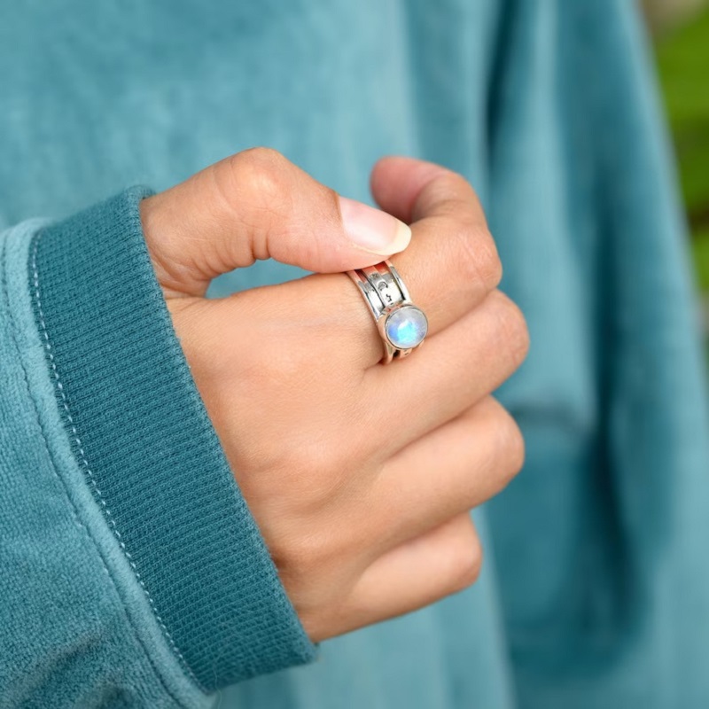 Vintage Bohemian Moonstone Star Moon Ring