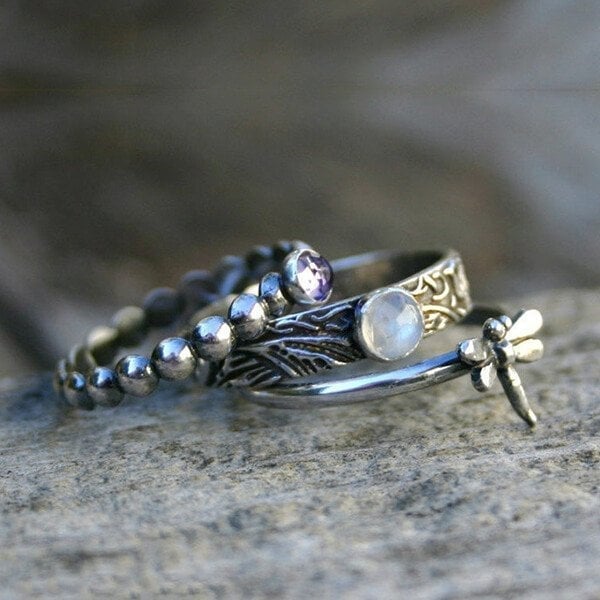 925 Dragonfly Inlaid Gemstone Threepiece Stacking Ring