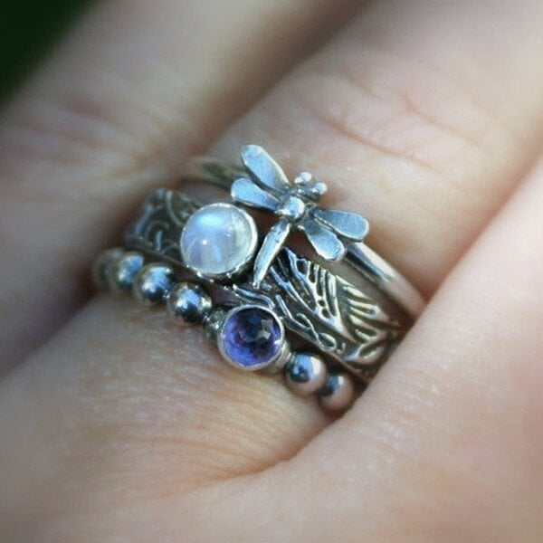 925 Dragonfly Inlaid Gemstone Threepiece Stacking Ring