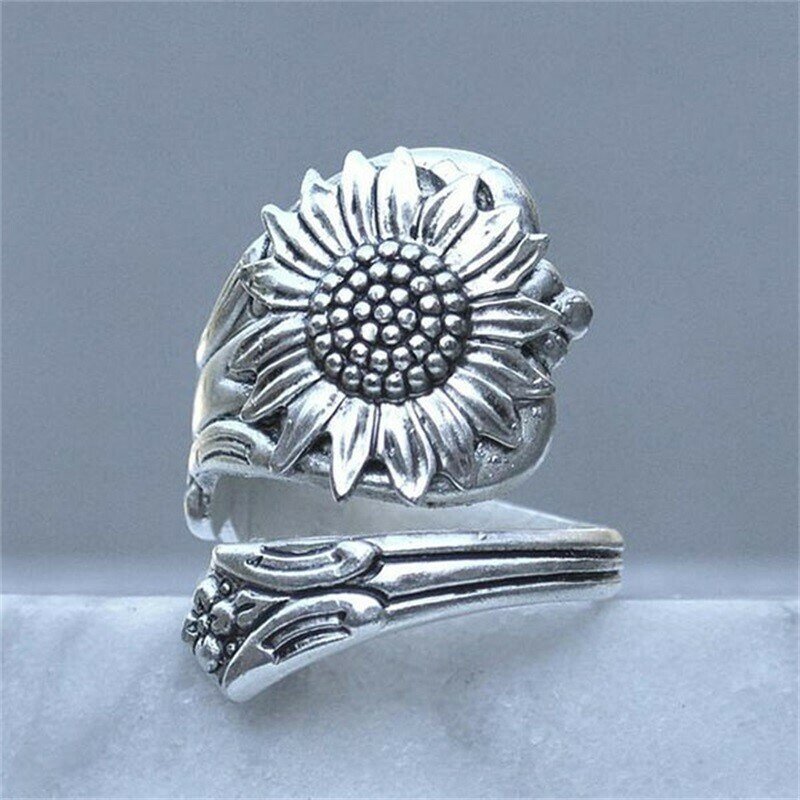 Silver Sunflower Adjustable Spoon Ring