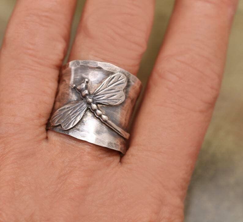 Vintage Dragonfly Wide Band Silver Ring