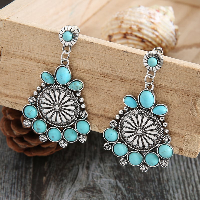 925  Turquoise Disc Carved Flower Earrings