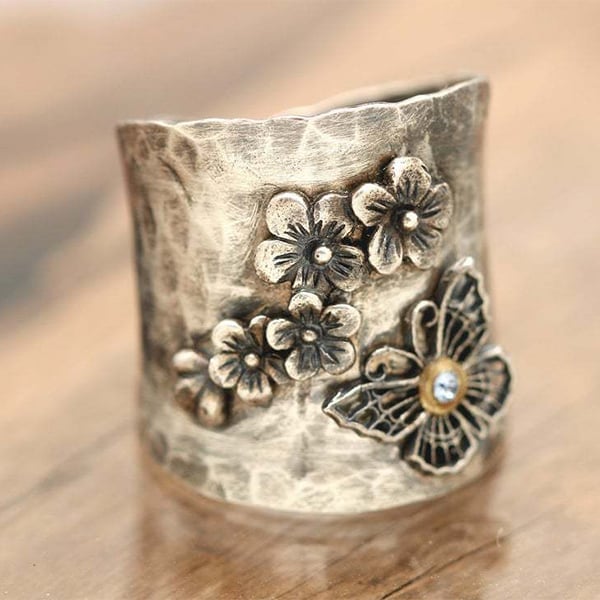 925 Bee Flower Butterfly Wide Band Ring