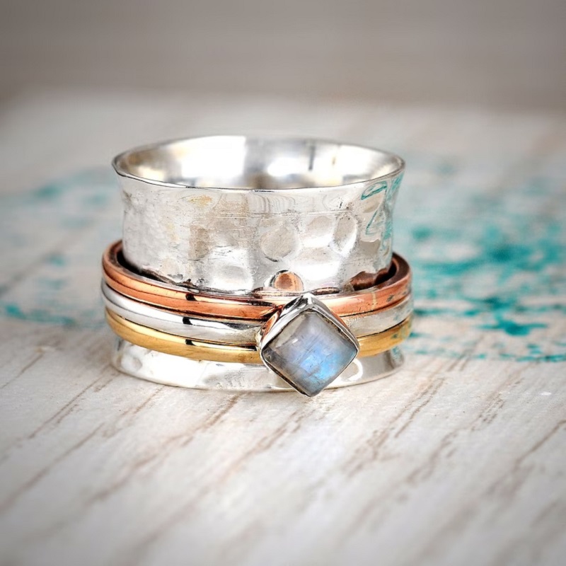Bohemian Fashion Tri Color Stripe Diamond Moonlight Stone Hammer Pattern Ring
