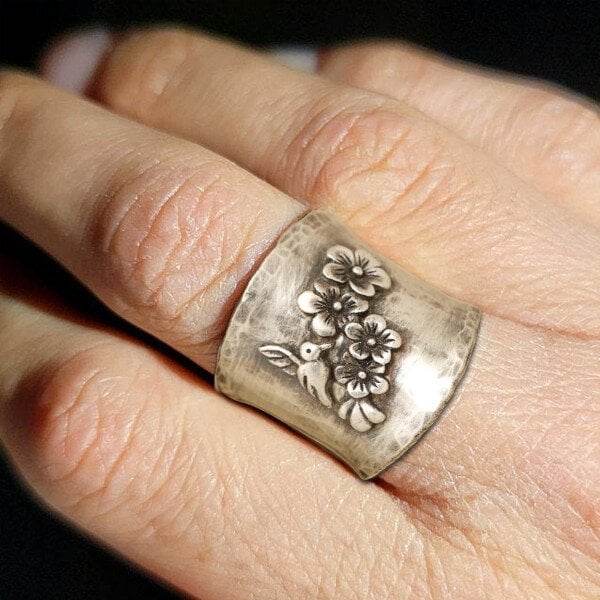 925 Bird Flower Wide Band Ring