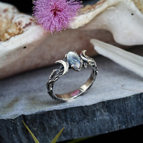 Sterling Silver Triple Moon Phase Moonstone Ring