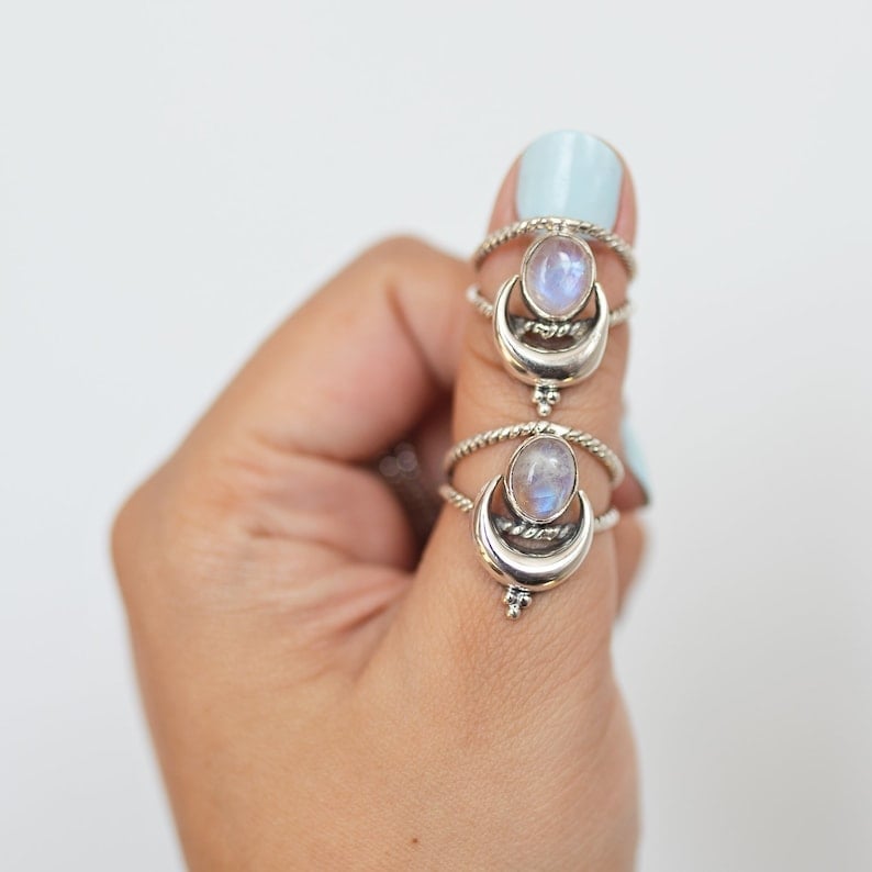 925 Oval Rainbow Moonstone Moon Phase Ring