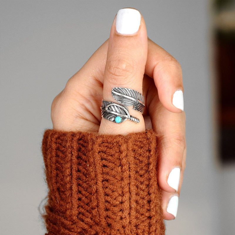 For Memorial  S925 Guardian Angel Turquoise Feather Ring