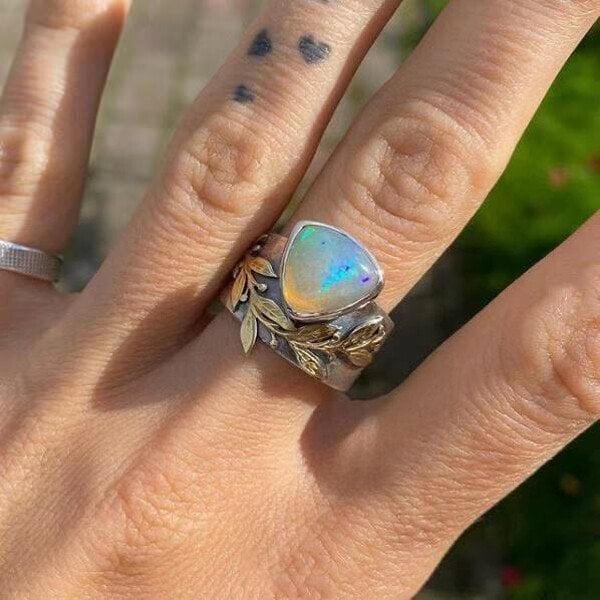 925 Leaf Geometric Opal Ring