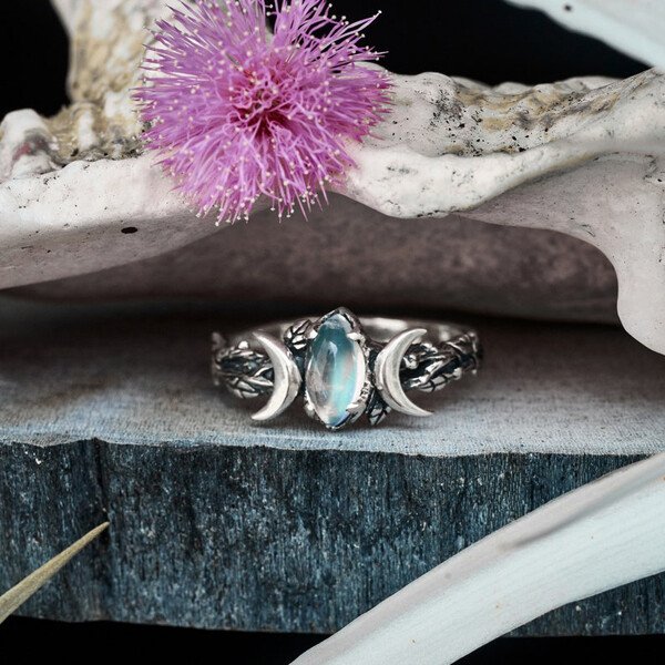 Sterling Silver Triple Moon Phase Moonstone Ring