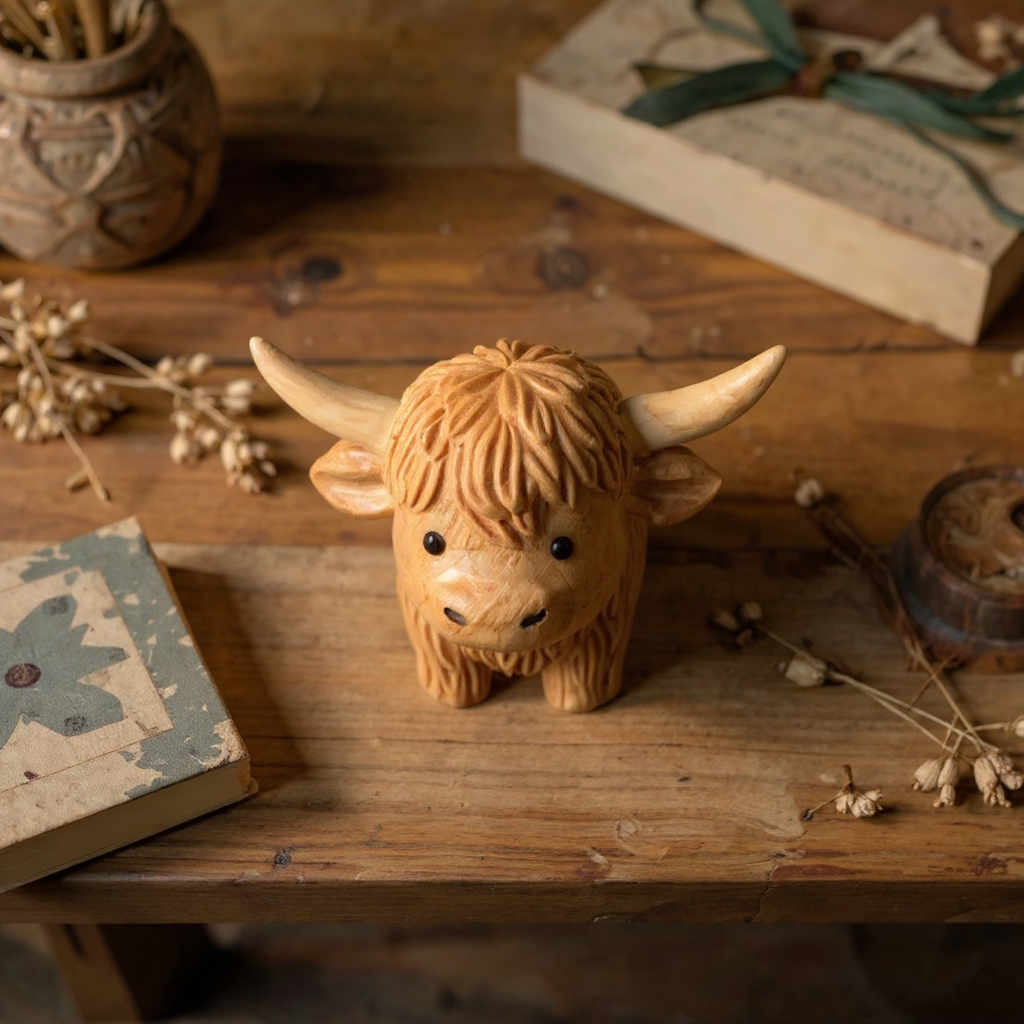 Wooden Highland Cow Figurine - Farmhouse Decor & Unique Gift🎁 (3.5")