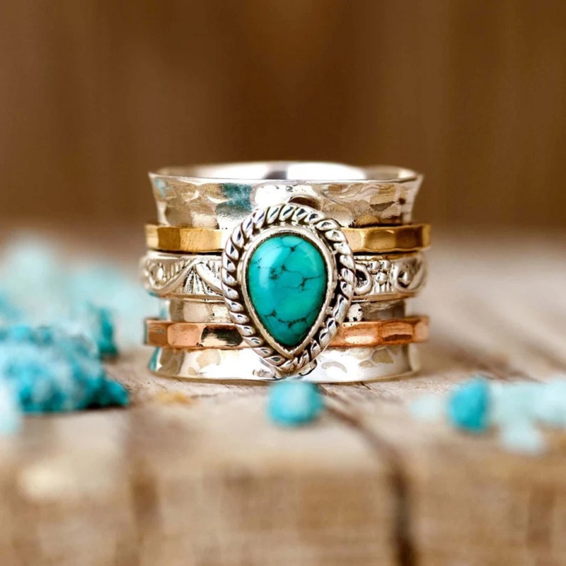 Boho Vintage Turquoise Tricolor Ring