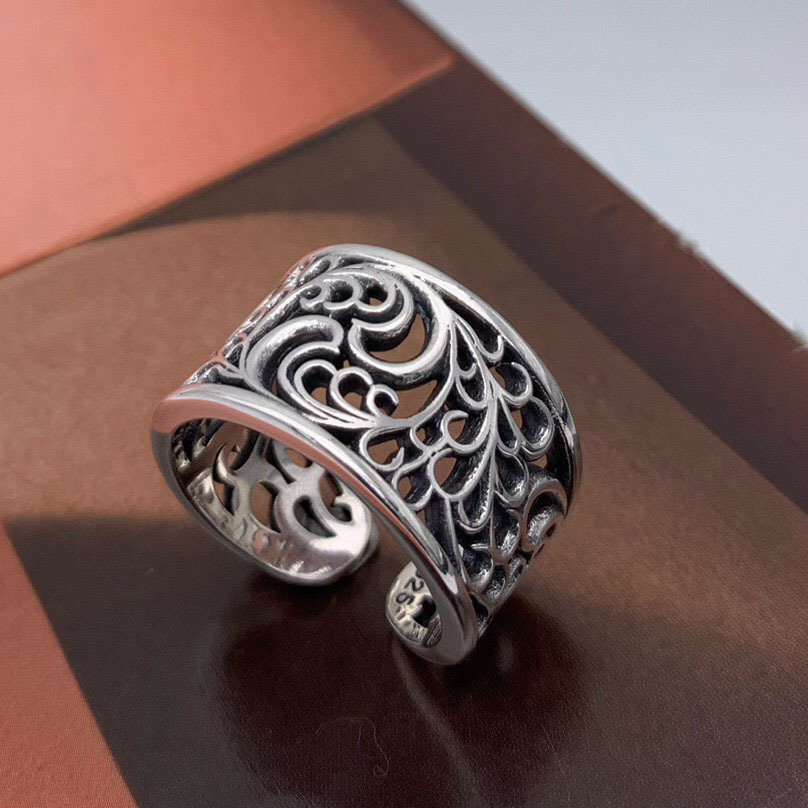 S925 Hemerocallis hollowcarved design Adjustable Ring