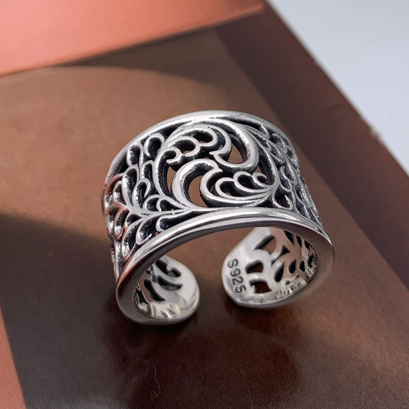 S925 Hemerocallis hollowcarved design Adjustable Ring