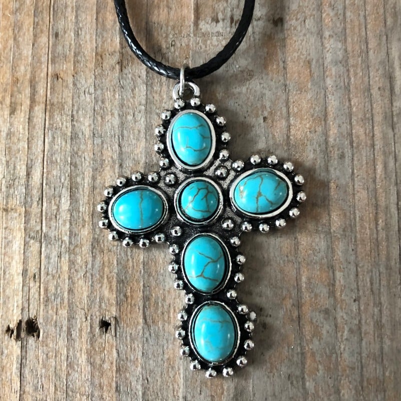 925 Turquoise Cross With Round Beads Necklace