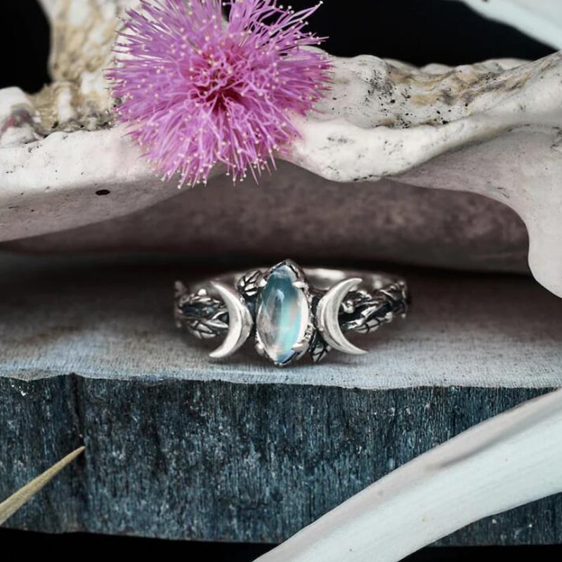 925 Double Crescent Moon Gemstone Ring