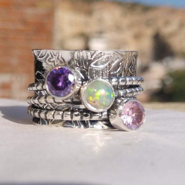 925 Sterling Silver Bohemian Gemstone Meditation Spinner Ring