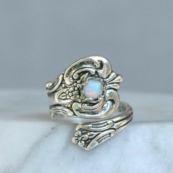 925 White Opal Spoon Adjustable Ring