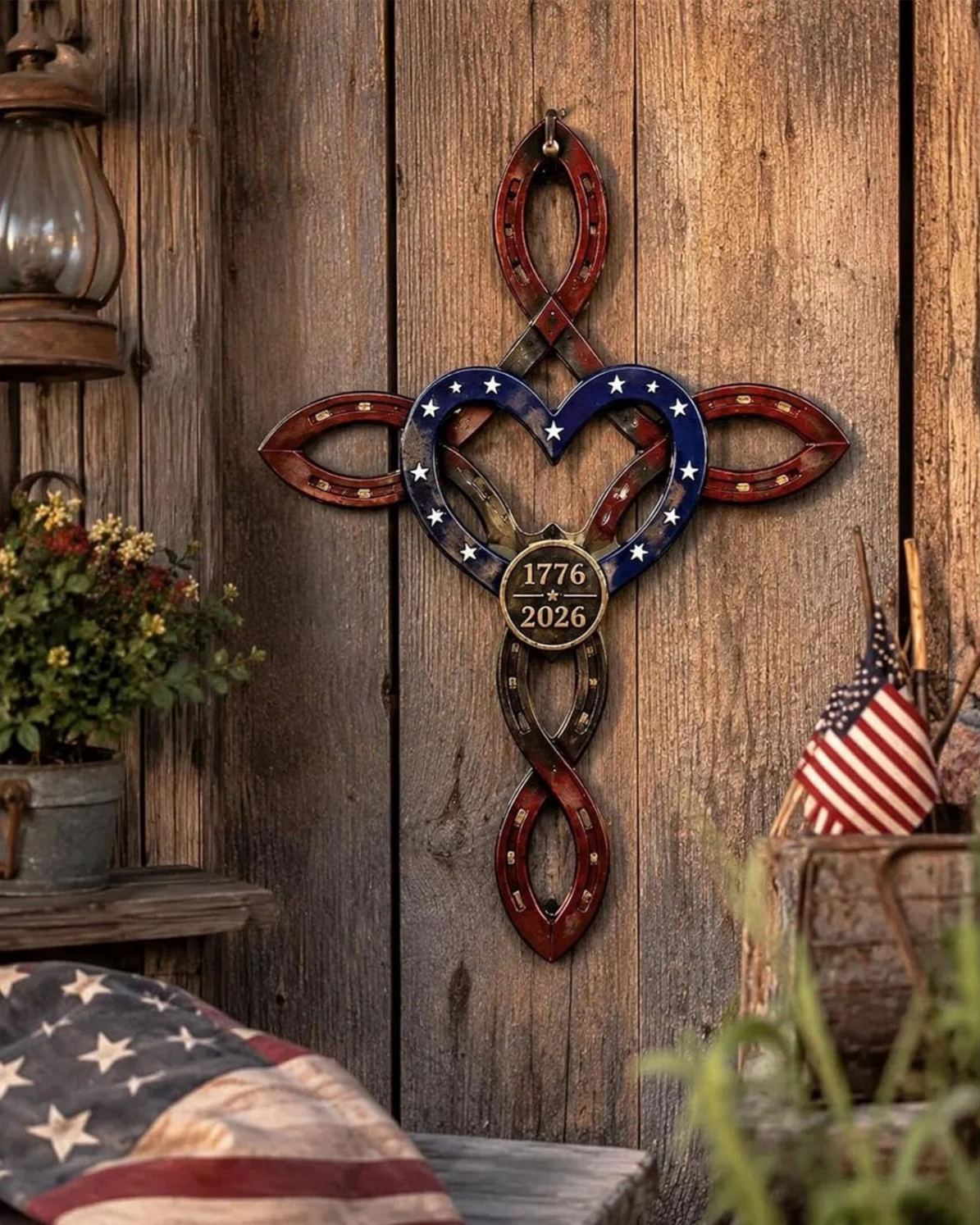 America 250th Rustic Horseshoe Cross Decor 1776 To 2026 Commemorative Wall Hanging With Red Horseshoe Details For Memorial Day Independence Day And Veterans