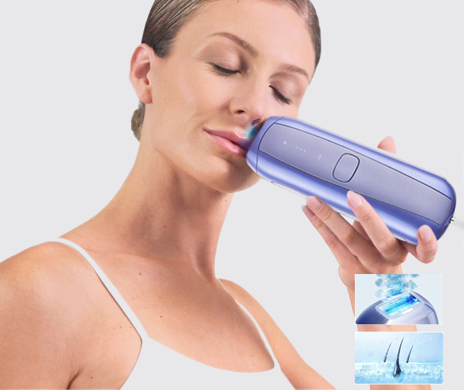 Comparison of IPL hair removal devices: Sapphire Ice Cooling at 65°F vs. traditional device at 100°F, highlighting reduced risk of burns and redness.