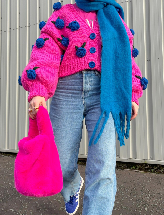 Pink knitted cardigan sweater