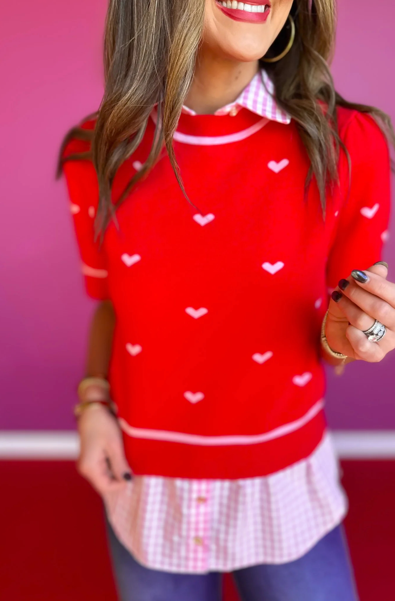 Short Sleeve Sweater In Red Hearts